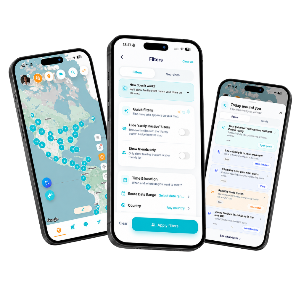 LinkEase app showing worldschooling families and family-friendly places on a map