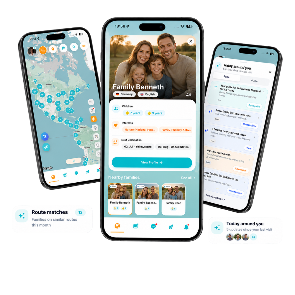 LinkEase app map, family profile and Road Pulse mockup